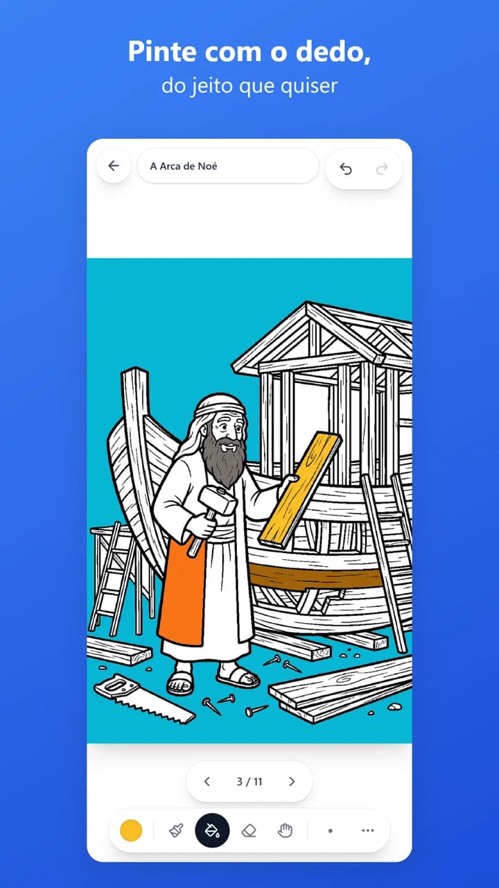 Criança pintando com o dedo um desenho bíblico em traço na tela do celular.