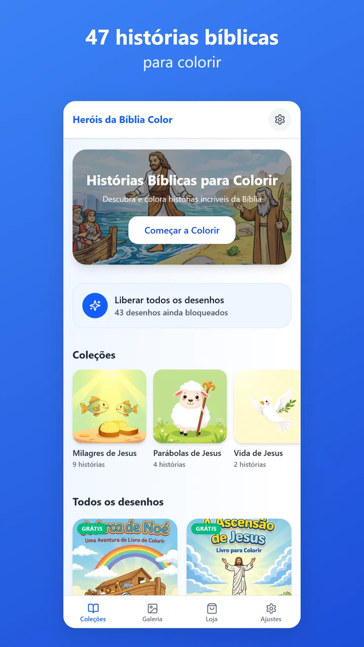 Catálogo do aplicativo com a lista de histórias bíblicas disponíveis para colorir.