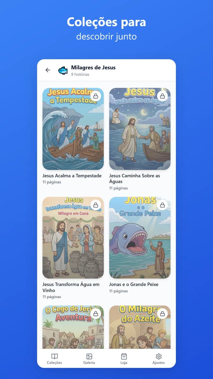 Tela de coleções do aplicativo: Milagres de Jesus, Parábolas de Jesus, Vida de Jesus e Geral.